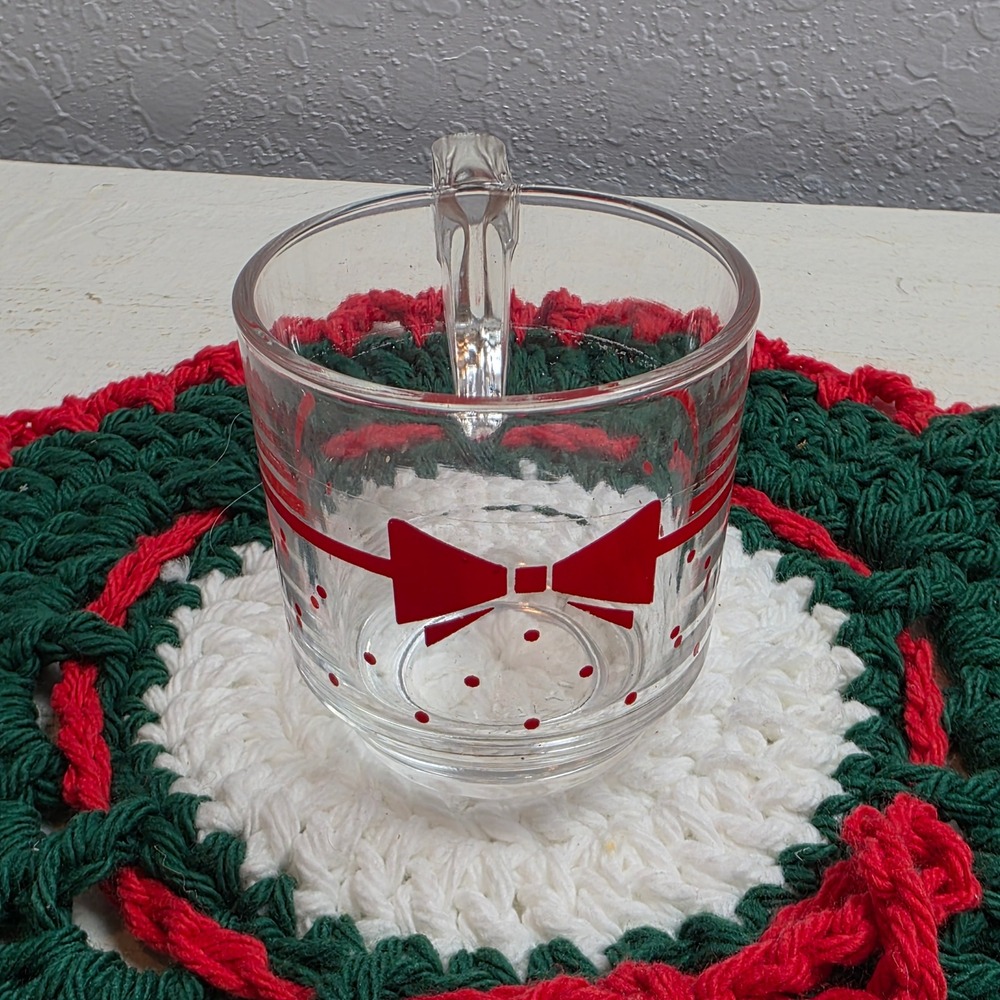 Vintage Italian Cristalrov Glass Mug Red Bow Polka Dot & Crochet Wreath Coaster